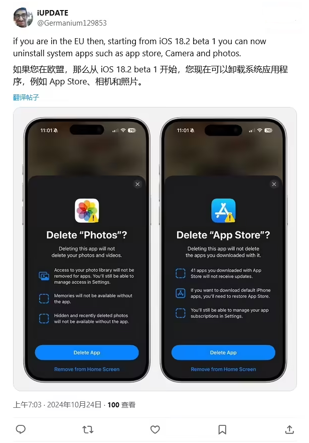 于洪苹果手机维修分享iOS 18.2 支持删除 App Store 应用商店 