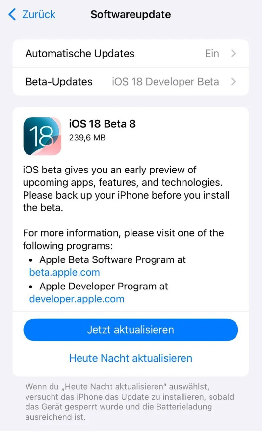 于洪苹果手机维修分享苹果 iOS / iPadOS 18 开发者预览版 Beta 8 发布 